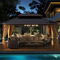 16 x 12 Feet Hardtop Gazebo Aluminum Frame Permanent Pavilion with Curtains and Netting-Coffee