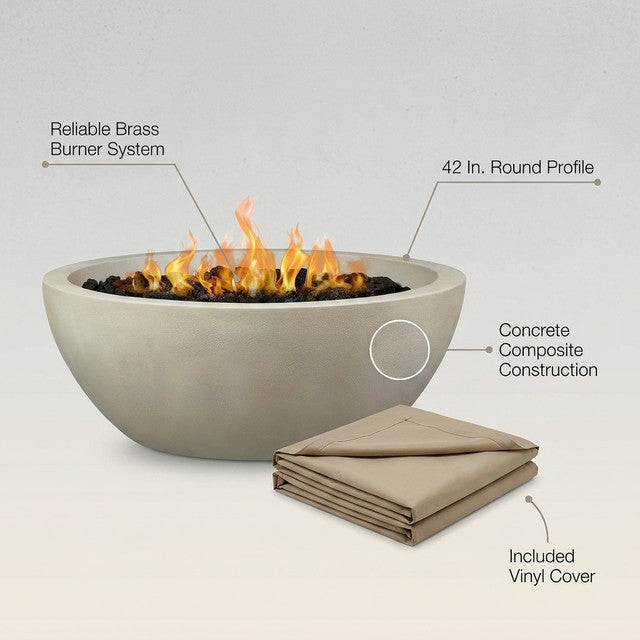 Pompton 42 In. round Concrete Composite Propane Fire Pit in Fog with Vinyl Cover — Lifestyle