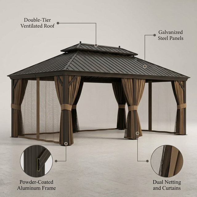 14 Ft. X 20 Ft. Double Galvanized Steel Roof Aluminum Frame Outdoor Patio Hardtop Gazebo with Netting and Curtains — Lifestyle