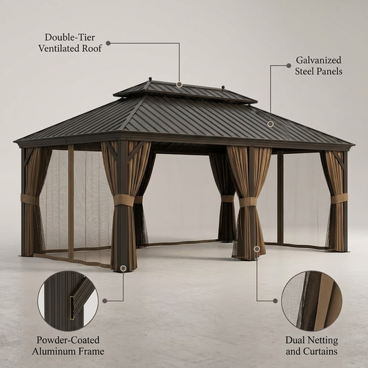 14 Ft. X 20 Ft. Double Galvanized Steel Roof Aluminum Frame Outdoor Patio Hardtop Gazebo with Netting and Curtains — Lifestyle