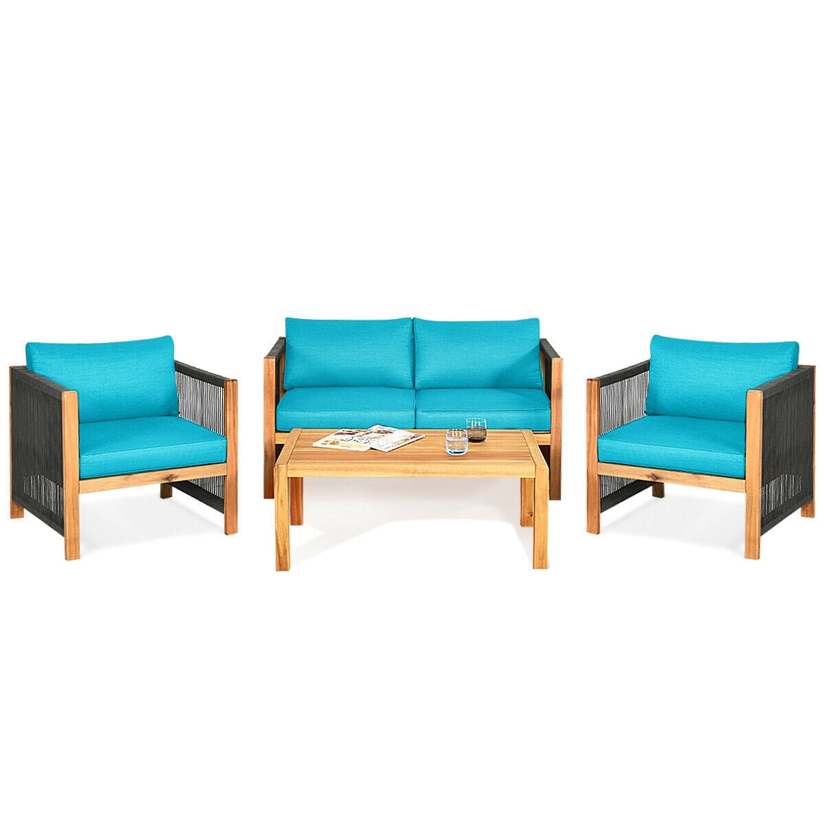 4 Pieces Acacia Wood Outdoor Patio Furniture Set with Cushions