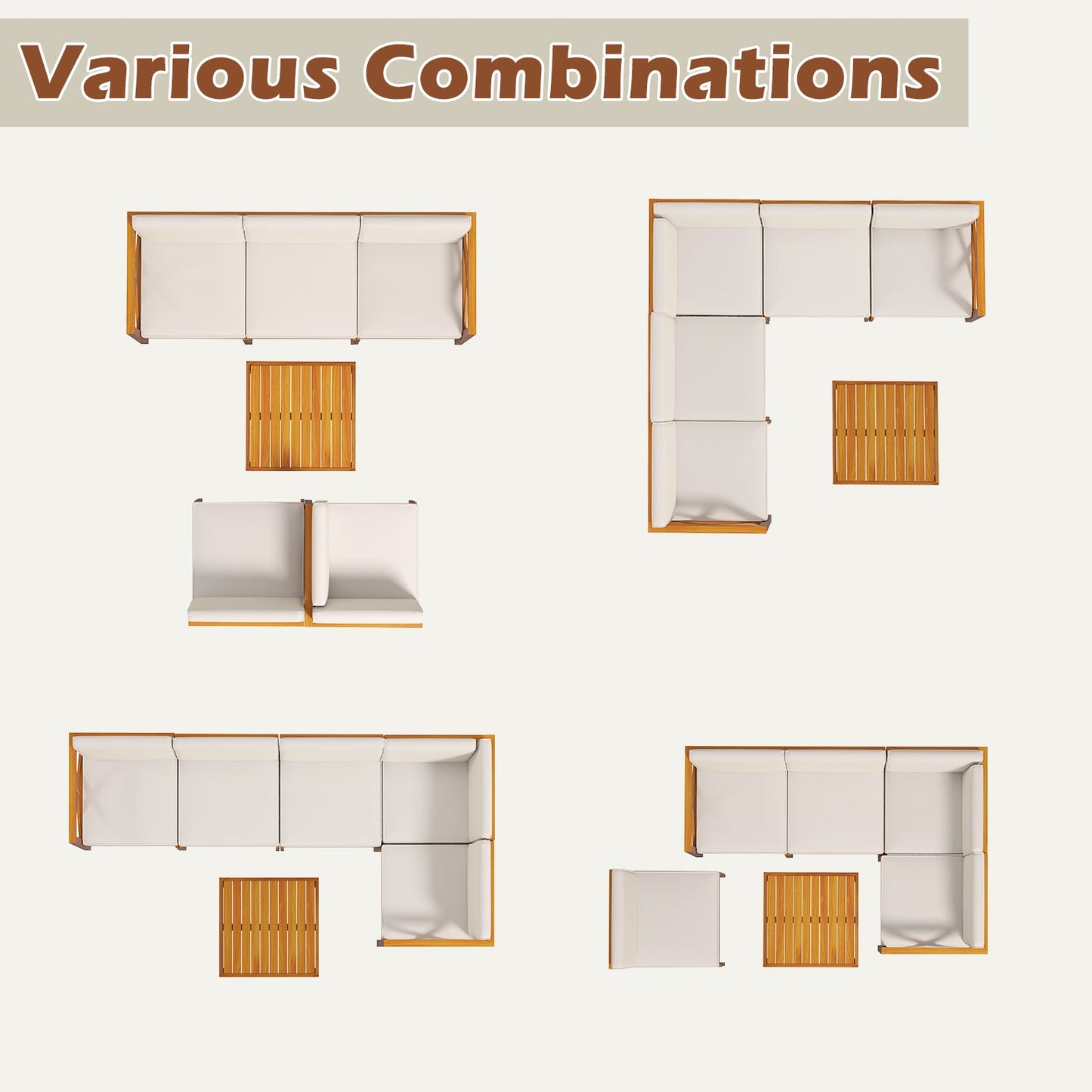 Outdoor 6 Pieces Acacia Wood Patio Sectional Furniture Set-Off White