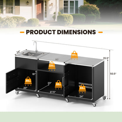 Outdoor Grill Table with Sink and Drainage Heavy Duty Metal Grill Cart-Black