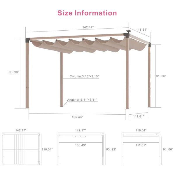 Retractable Pergola With LED Lights Aluminum Outdoor Canopy