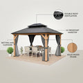 11 Ft. X 13 Ft. Double Roof Hardtop Wooden Patio Gazebo with Netting and Gray Curtains