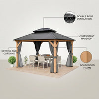 11 Ft. X 13 Ft. Double Roof Hardtop Wooden Patio Gazebo with Netting and Gray Curtains — Lifestyle