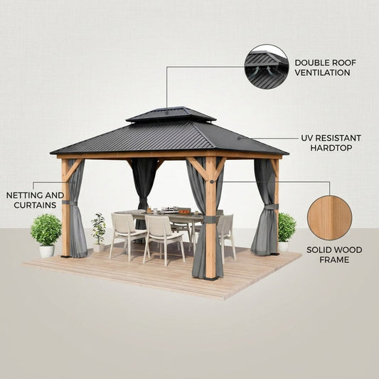 11 Ft. X 13 Ft. Double Roof Hardtop Wooden Patio Gazebo with Netting and Gray Curtains — Lifestyle
