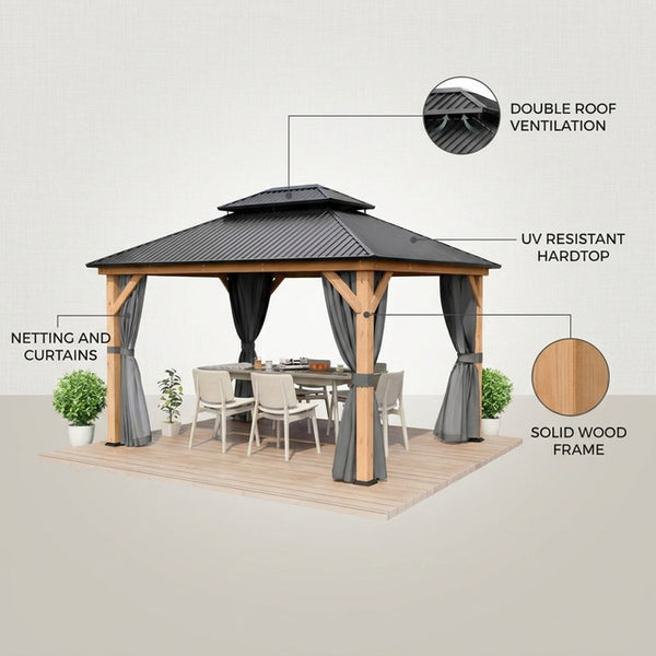 11 Ft. X 13 Ft. Double Roof Hardtop Wooden Patio Gazebo with Netting and Gray Curtains — Lifestyle