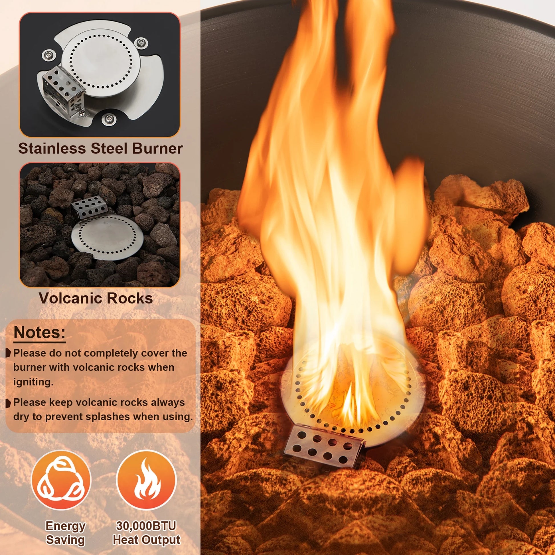 48'' Outdoor Propane Fire Bowl Column W/ Lava Rocks & PVC Cover 30,000 BTU