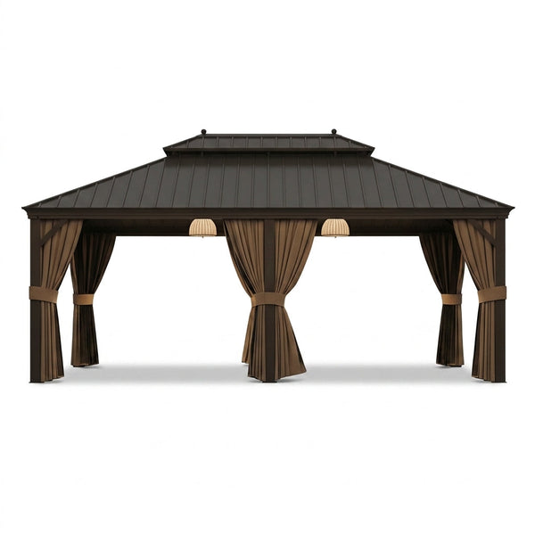 14 Ft. X 20 Ft. Double Galvanized Steel Roof Aluminum Frame Outdoor Patio Hardtop Gazebo with Netting and Curtains