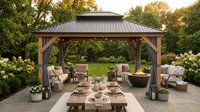 11 Ft. X 13 Ft. Double Roof Hardtop Wooden Patio Gazebo with Netting and Gray Curtains — Lifestyle